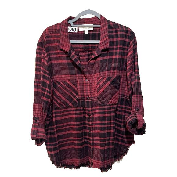 Cloth & Stone Red Black Plaid Top Large Women's Fringe Check Gauzy Gorpcore - Picture 1 of 10